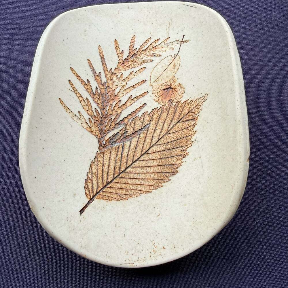 Studio Pottery Footed Soap Dish / Trinket Tray with Pressed Leaf Imprint
